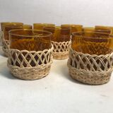 Service ancien jus carafe et ses 9 verres verre moulé orange