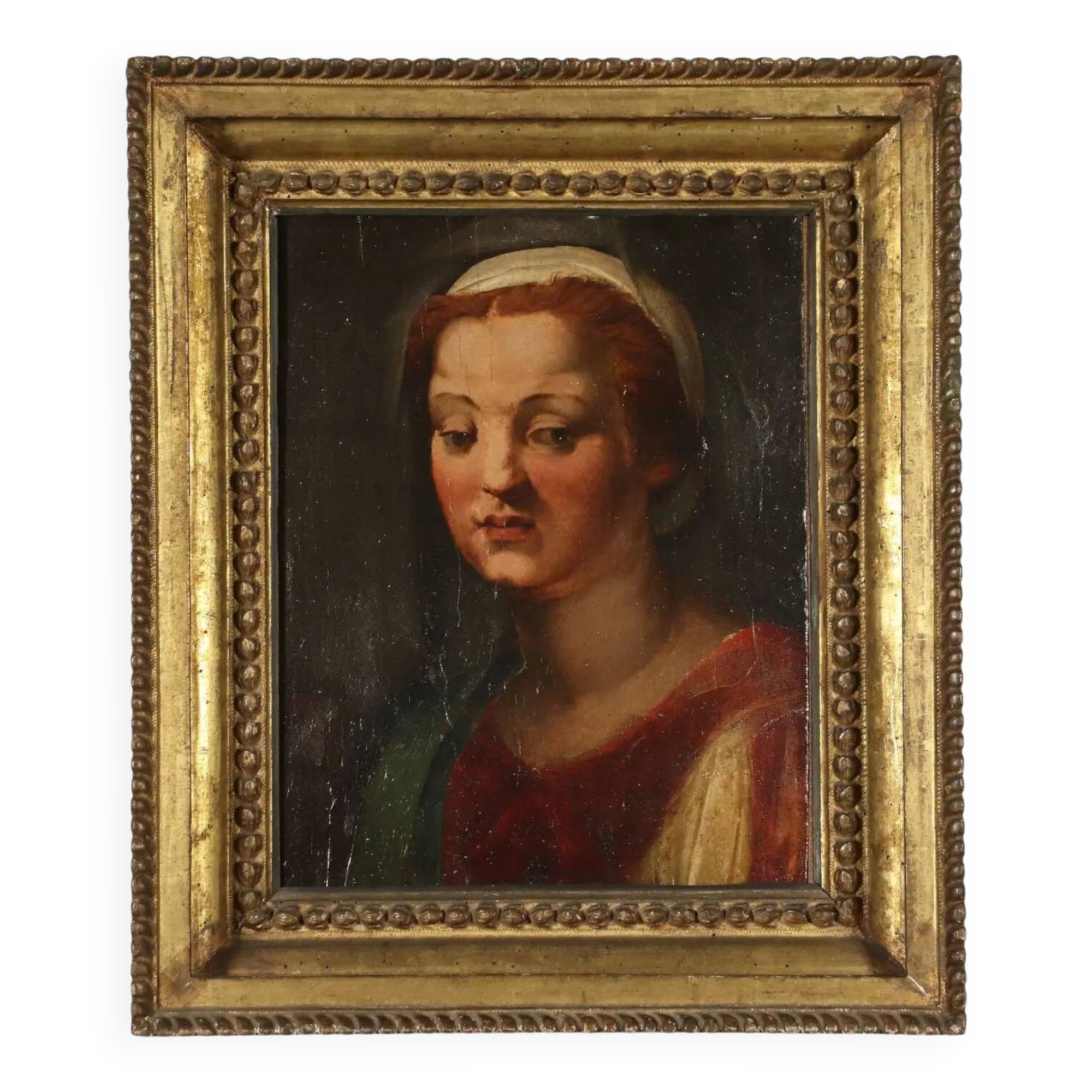 Ancient painting Female head attributed to A. Del Sarto, tempera on wood