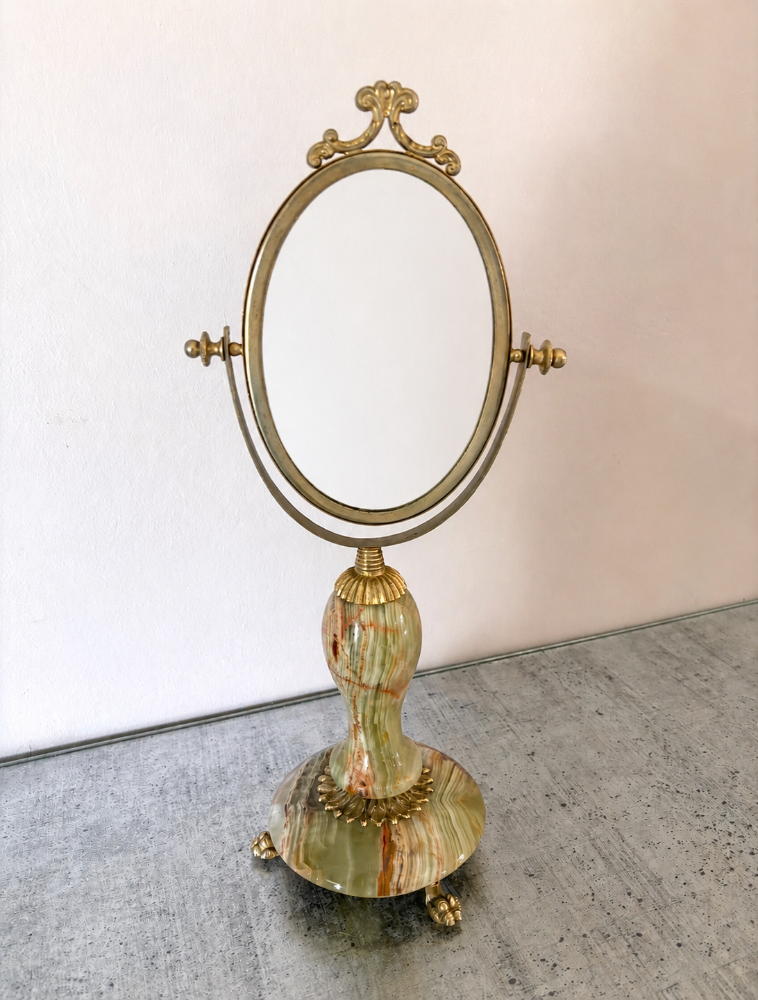 Miroir de table vintage en onyx vert et laiton doré