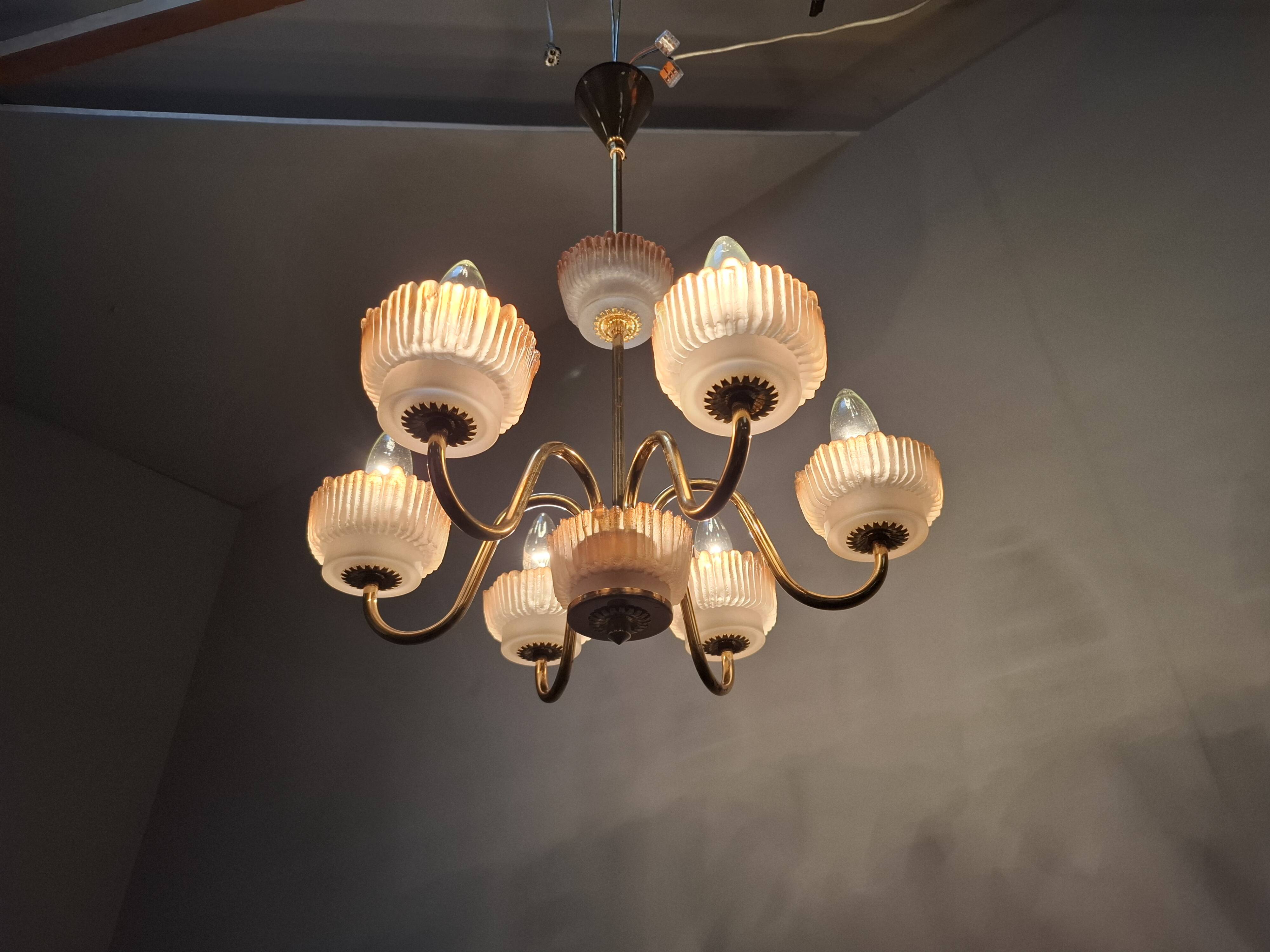 1960s Czech Mid-Century Brass and Železný Brod Frosted Glass Six-Arm Chandelier