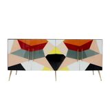 Mid-Century Italian Sideboard, Colorful Glass and Brass, Geometric Design.