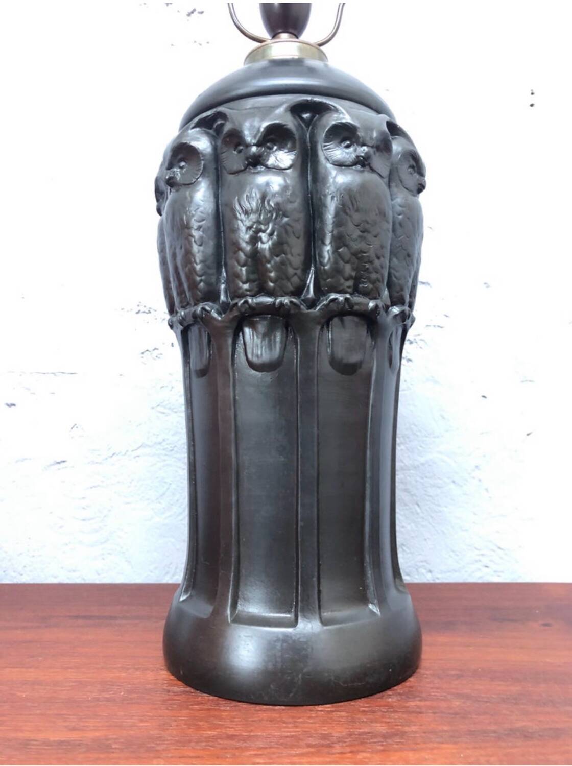 Antique Black Pottery Owl Table Lamp by L. Hjorth of Bornholm