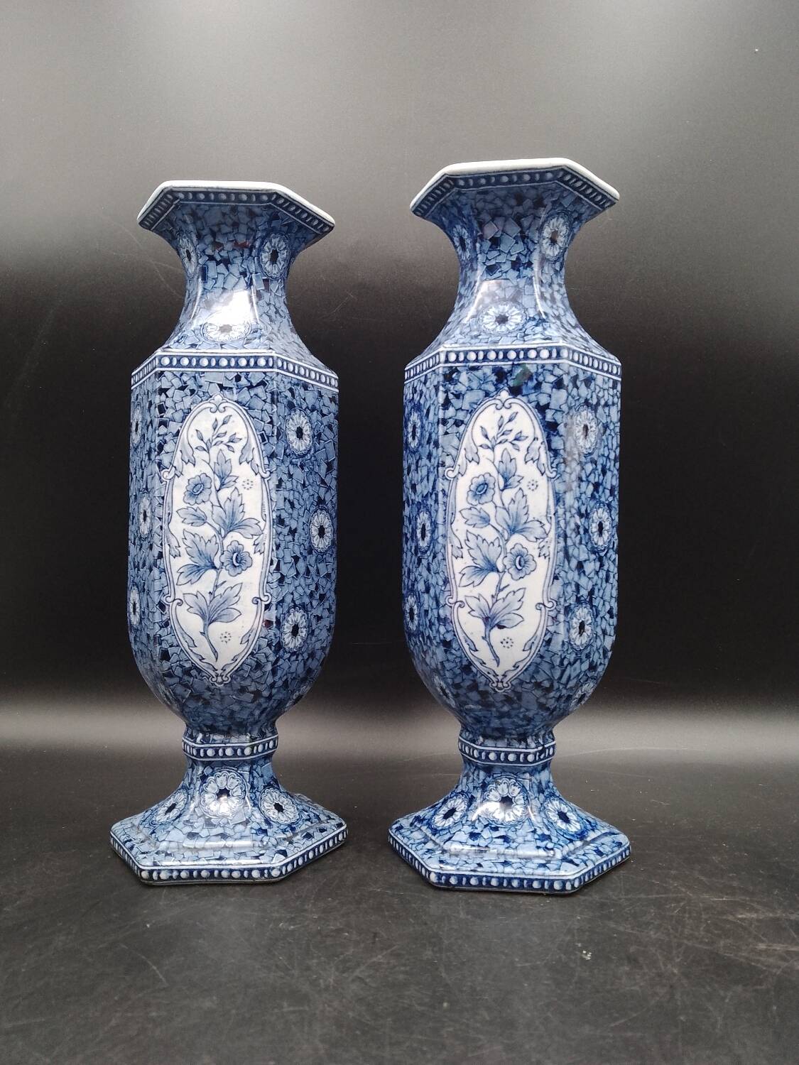 Antique 19th century Delft pair of hexagonal vases - Petrus Regout Maestricht