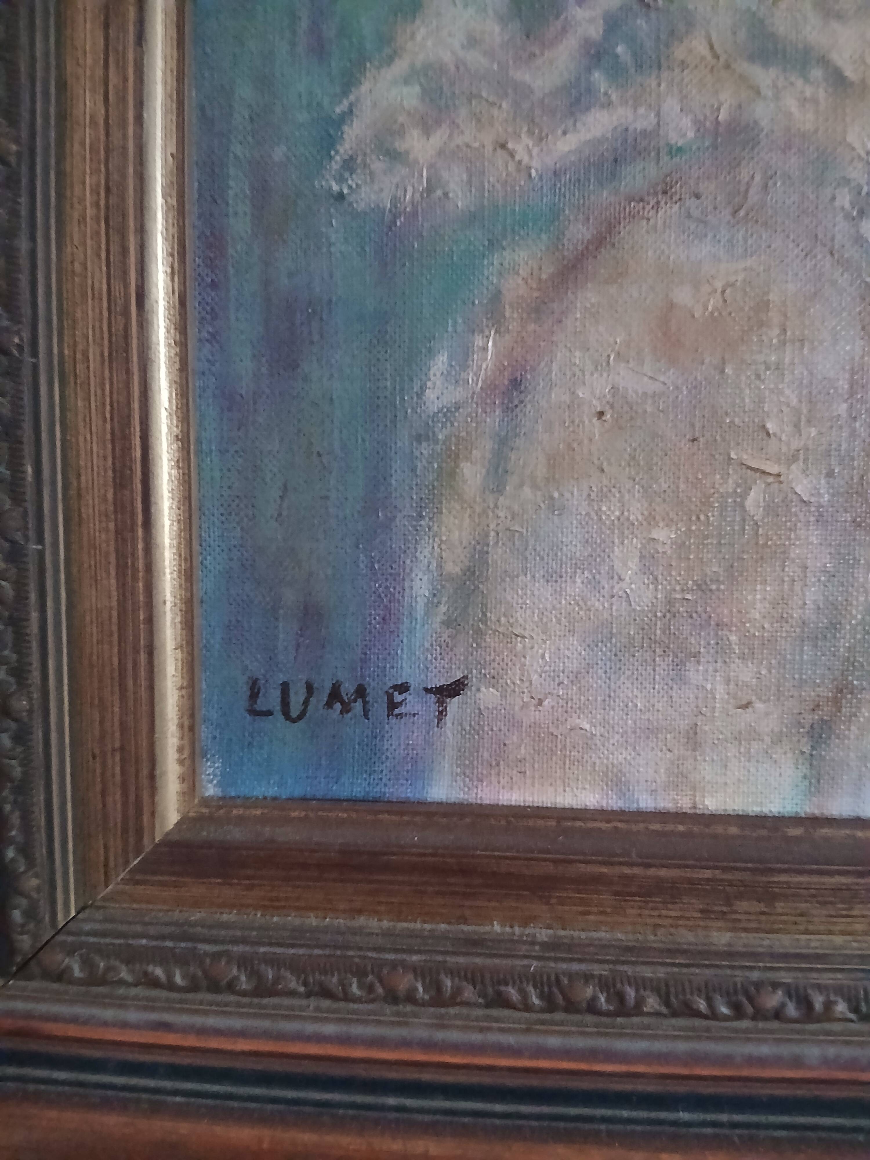 Tableau from the 20th century signed, depicting a woman with a bouquet.