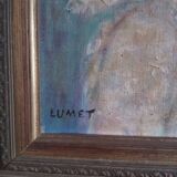 Tableau from the 20th century signed, depicting a woman with a bouquet.