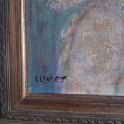 Tableau from the 20th century signed, depicting a woman with a bouquet.