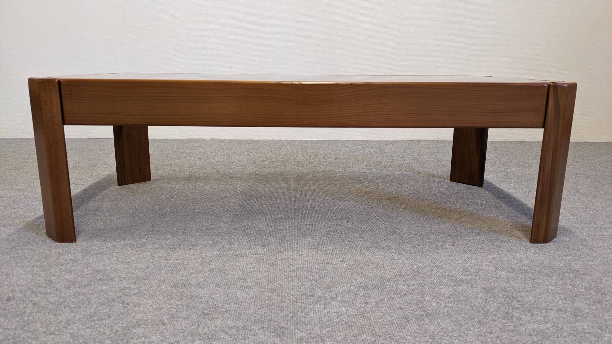 Modernist coffee table in elm and smoked glass, Italy circa 1970.
