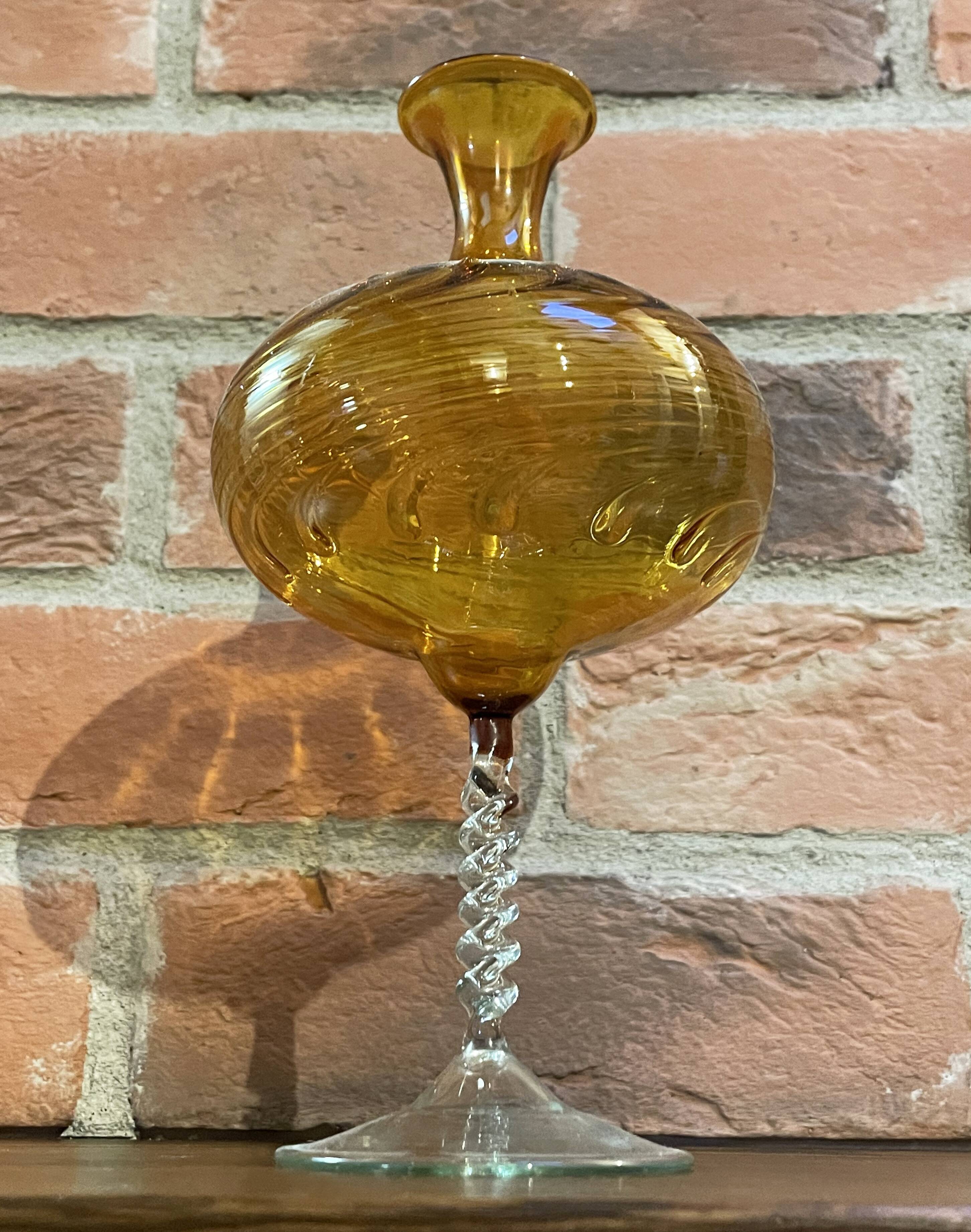 East German GDR Mouth-Blown Amber Art Glass Vase with Swirled Ribbing Texture, Possibly by Lauscha