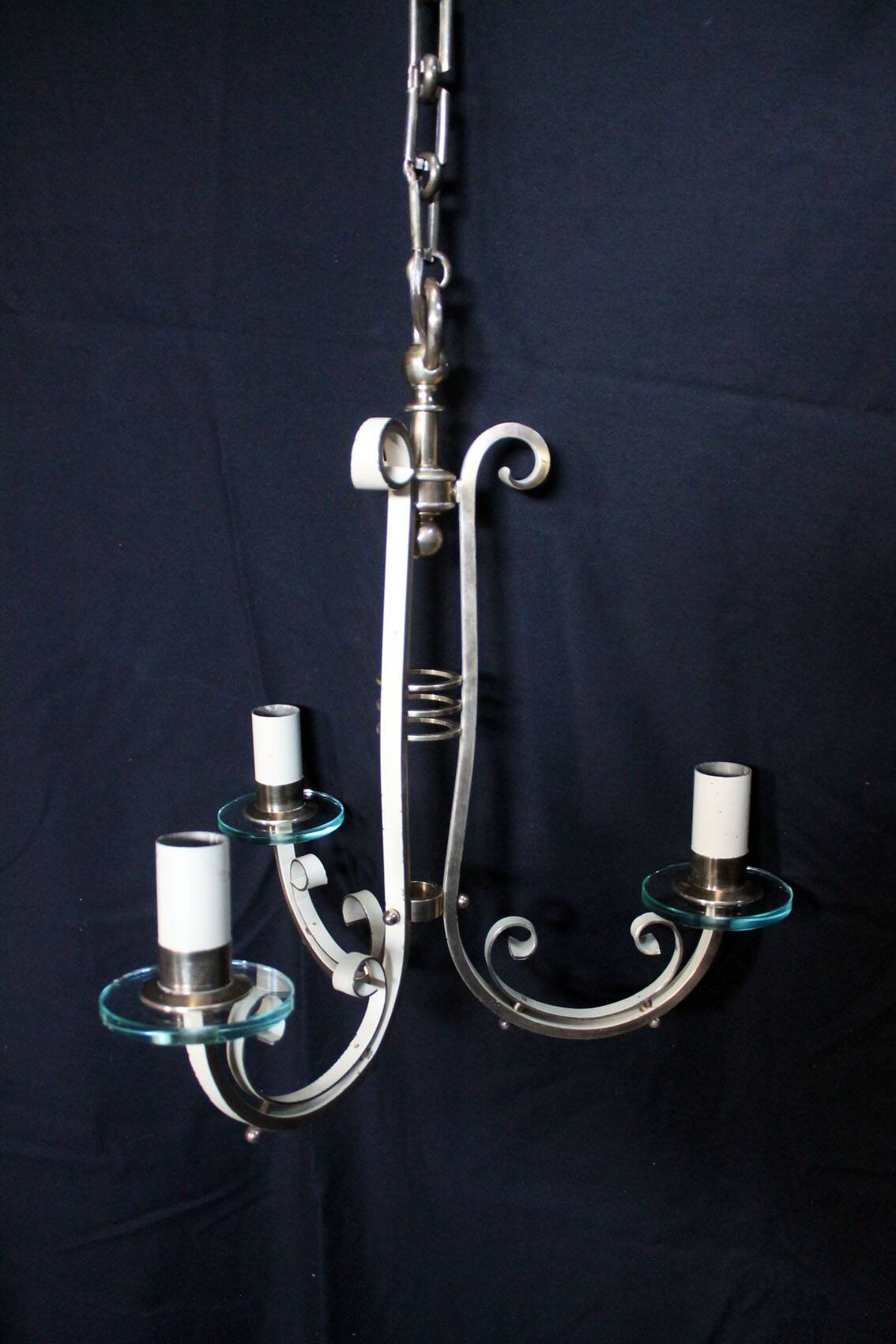 Art Deco three-light chandelier in brass and glass, 1930s