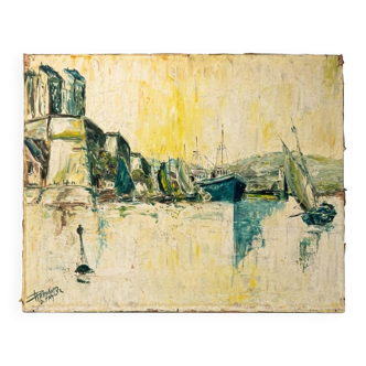 Animated view of a table with sailboats, signed.