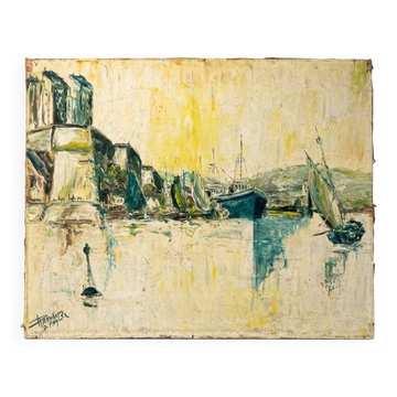 Animated view of a table with sailboats, signed.