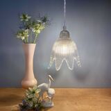 Vintage tulip flower pendant light in ribbed glass