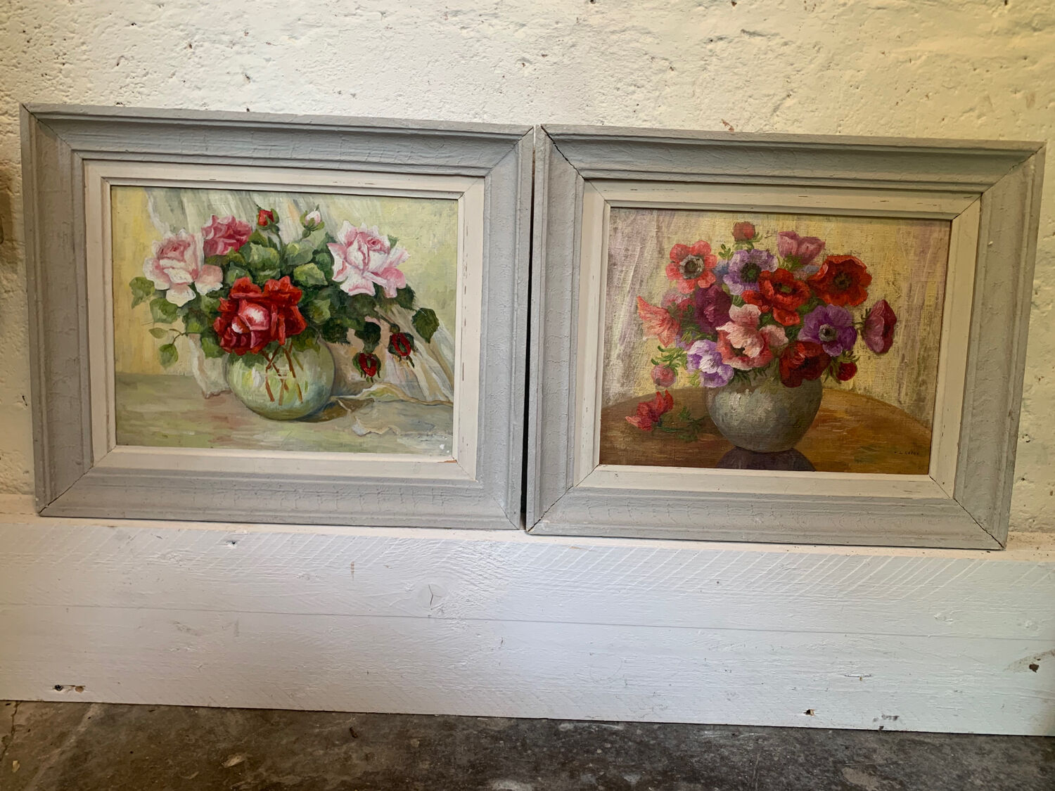 Pair paintings, oil on canvas still life pink flowers