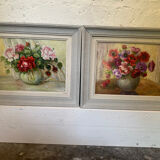 Pair paintings, oil on canvas still life pink flowers