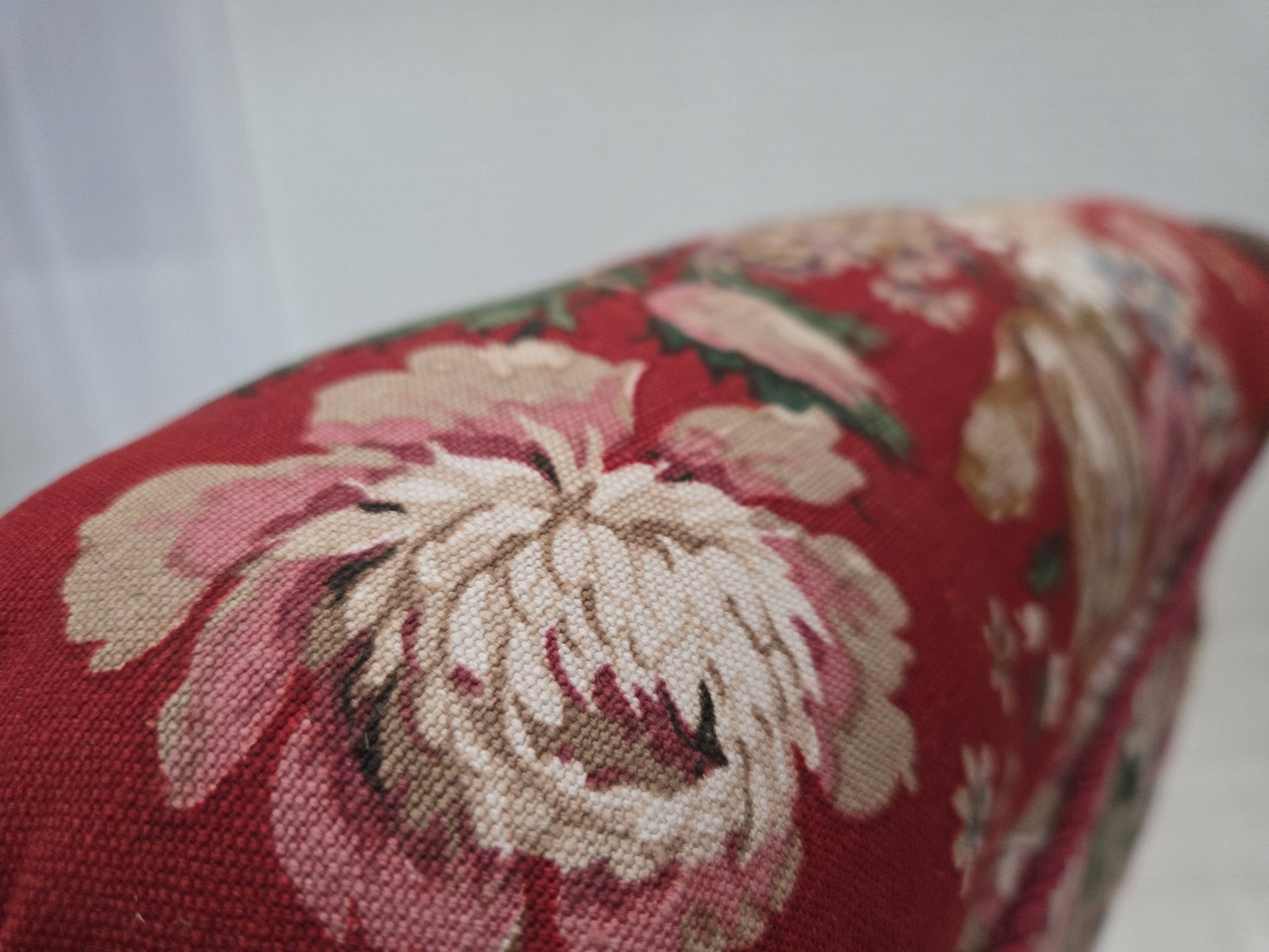 1920-30s, Danish armchair, furniture cotton fabric, hand carved oak wood.