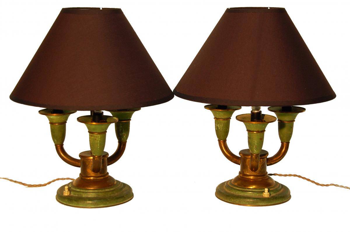 Paire de lampes Art Déco en laiton patiné
