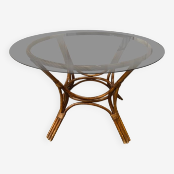 Rattan dining table and vintage smoked glass top