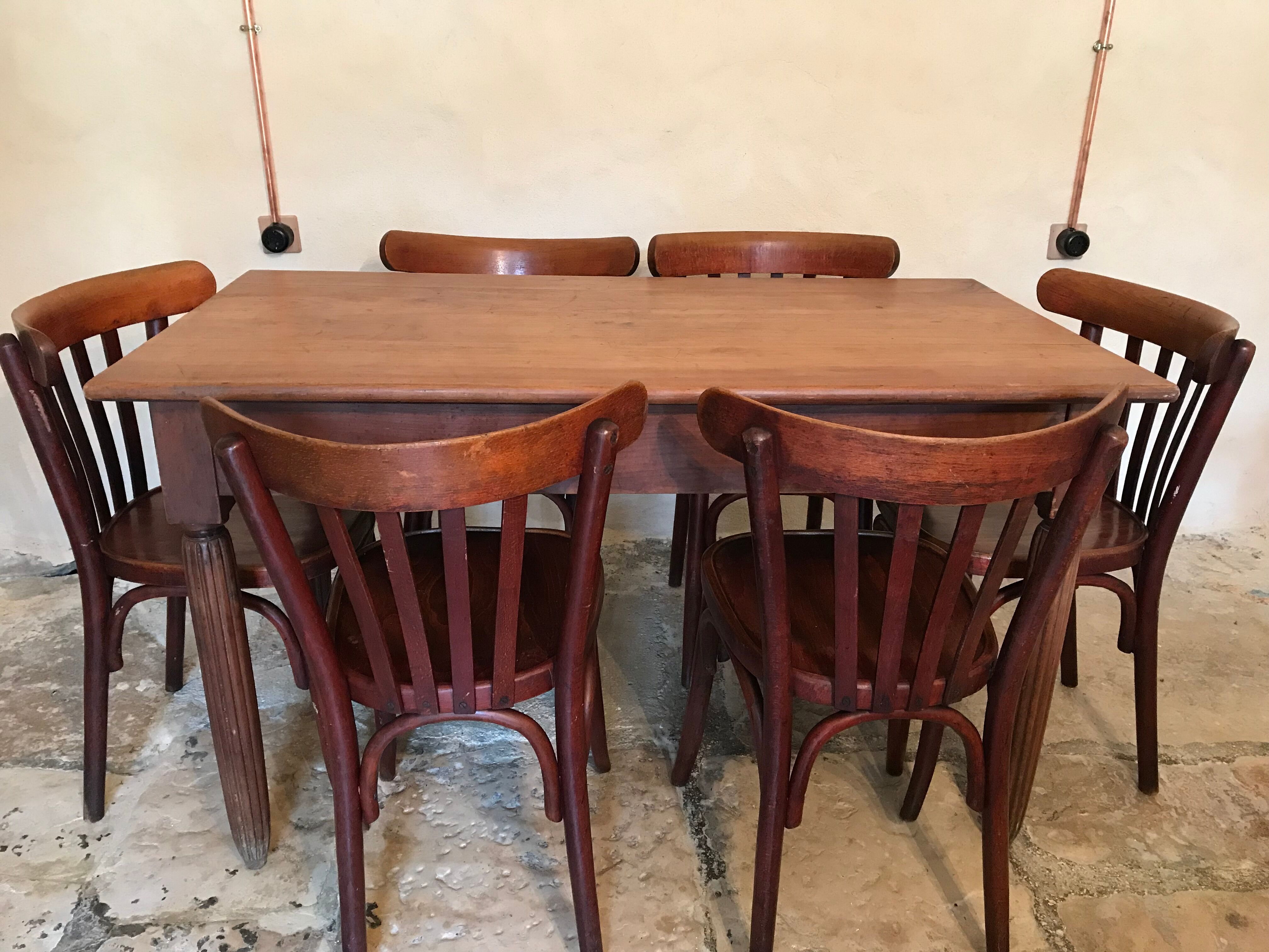 Bistro vintage table in blond walnut, 1940-50