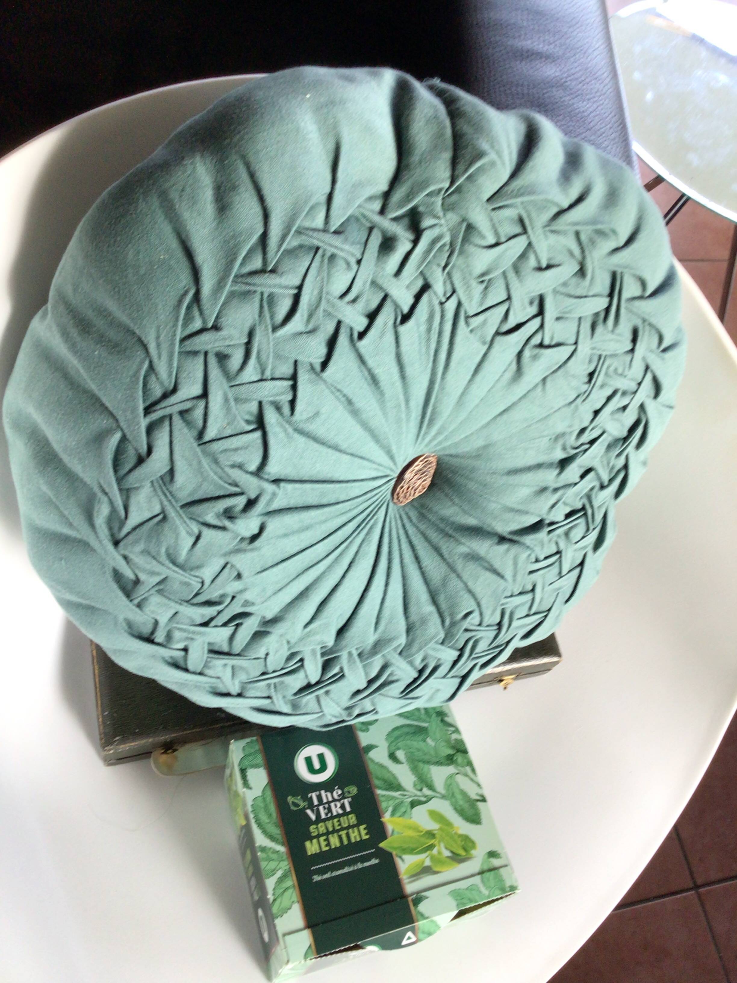 Vintage green hand-pleated round cushion