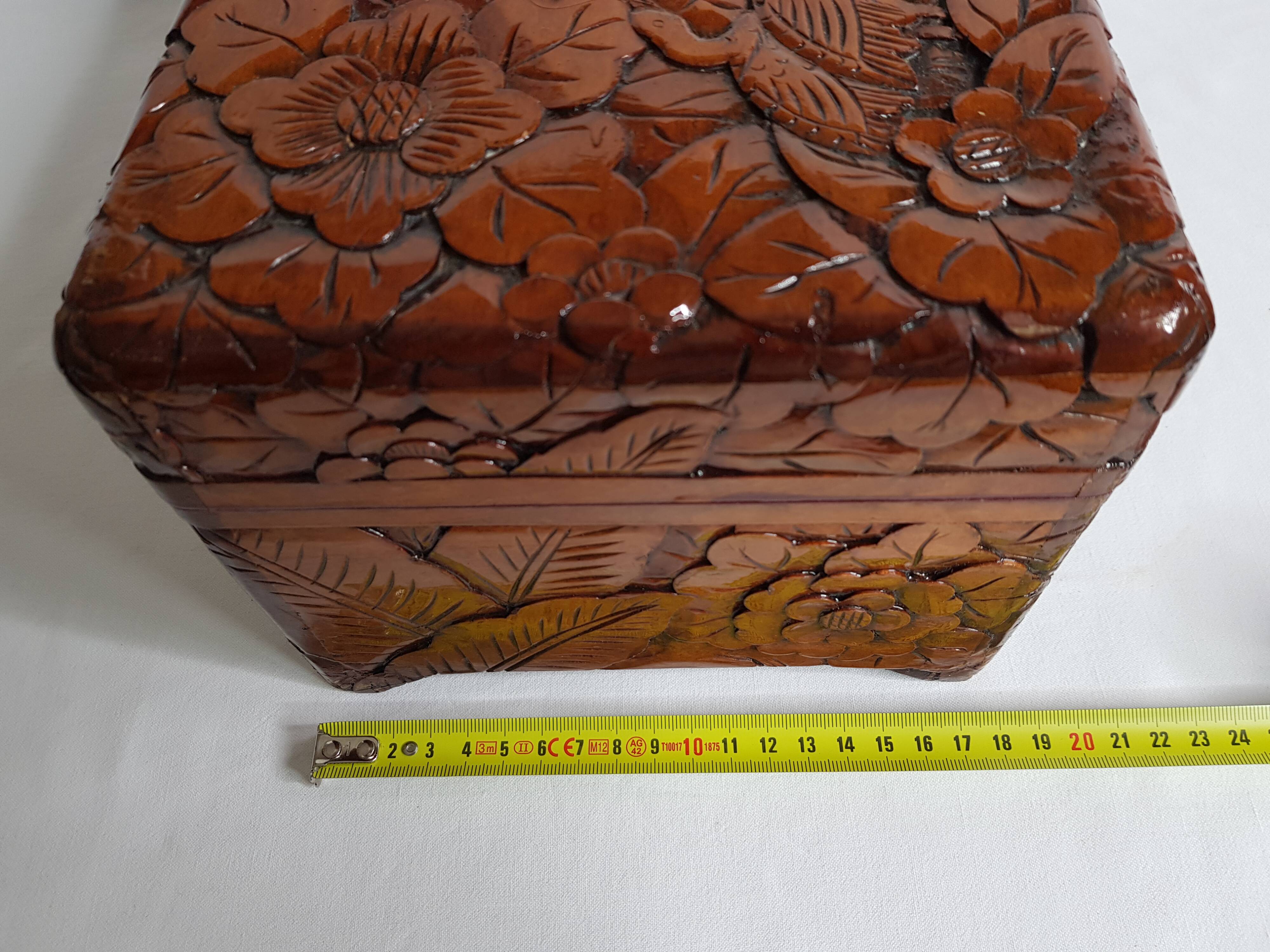 Old wooden box carved in Dodin around 1950 decorated with Phoenix