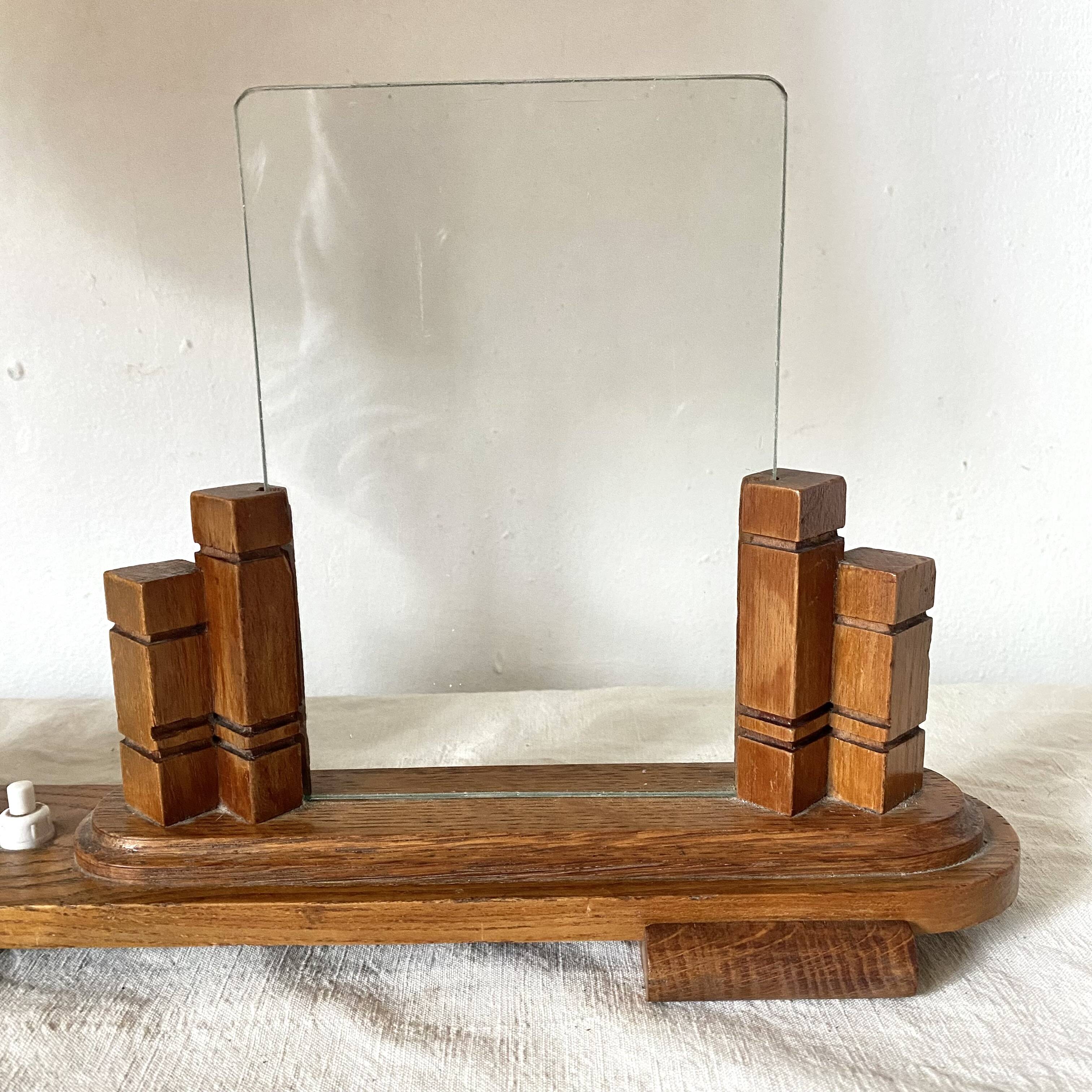 Art deco wooden lamp with photo holder