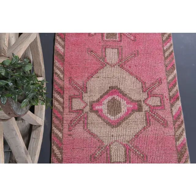 Vintage Turkish Oushak Handmade Wool Cotton Pink Runner Rug 90x303