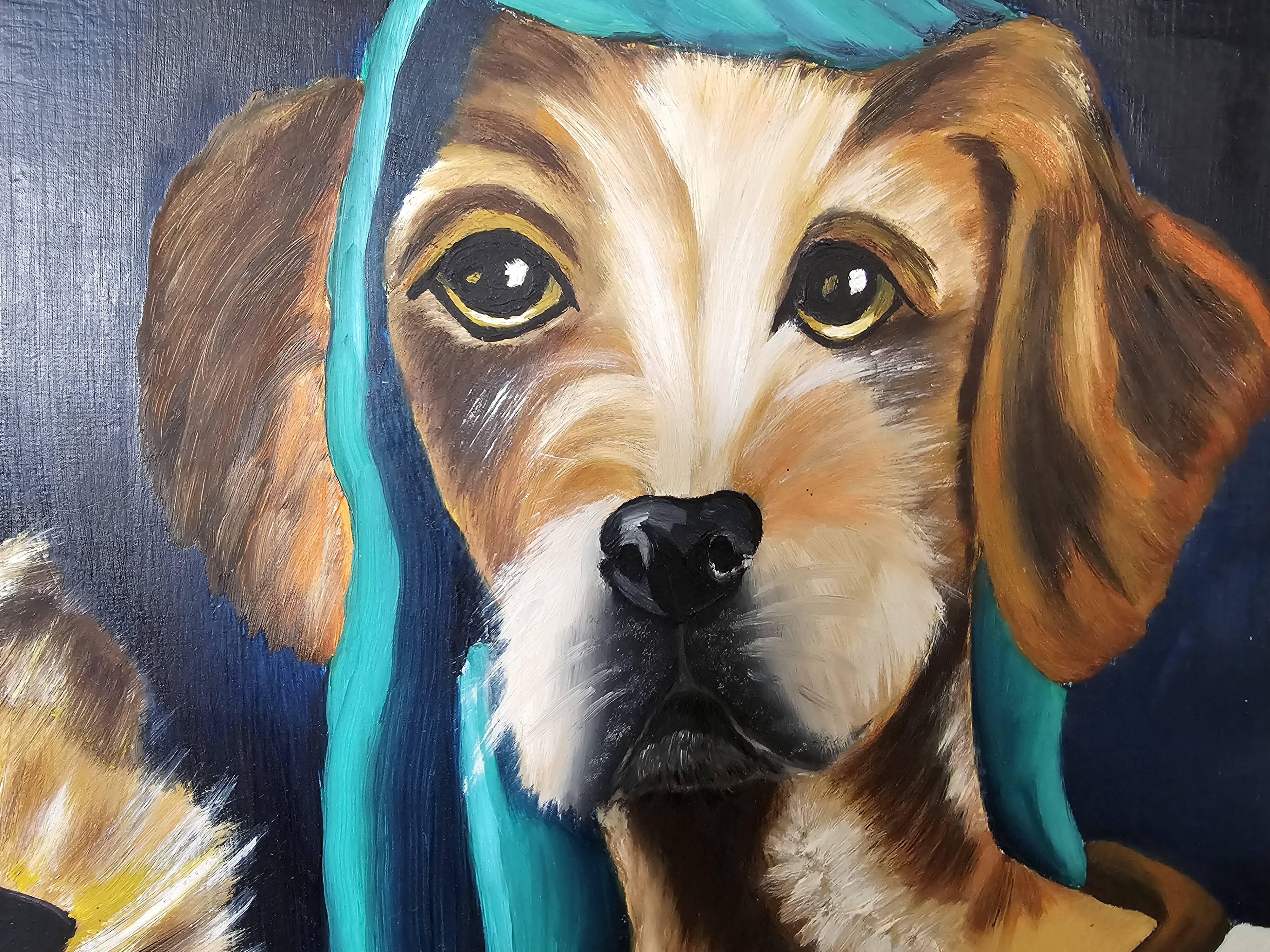 Oil painting on canvas, portrait of a woman with a dog, signed Patricia Tatananni