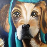 Oil painting on canvas, portrait of a woman with a dog, signed Patricia Tatananni