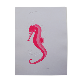 Gravure sous presse duo hippocampe fushia- gaufrage