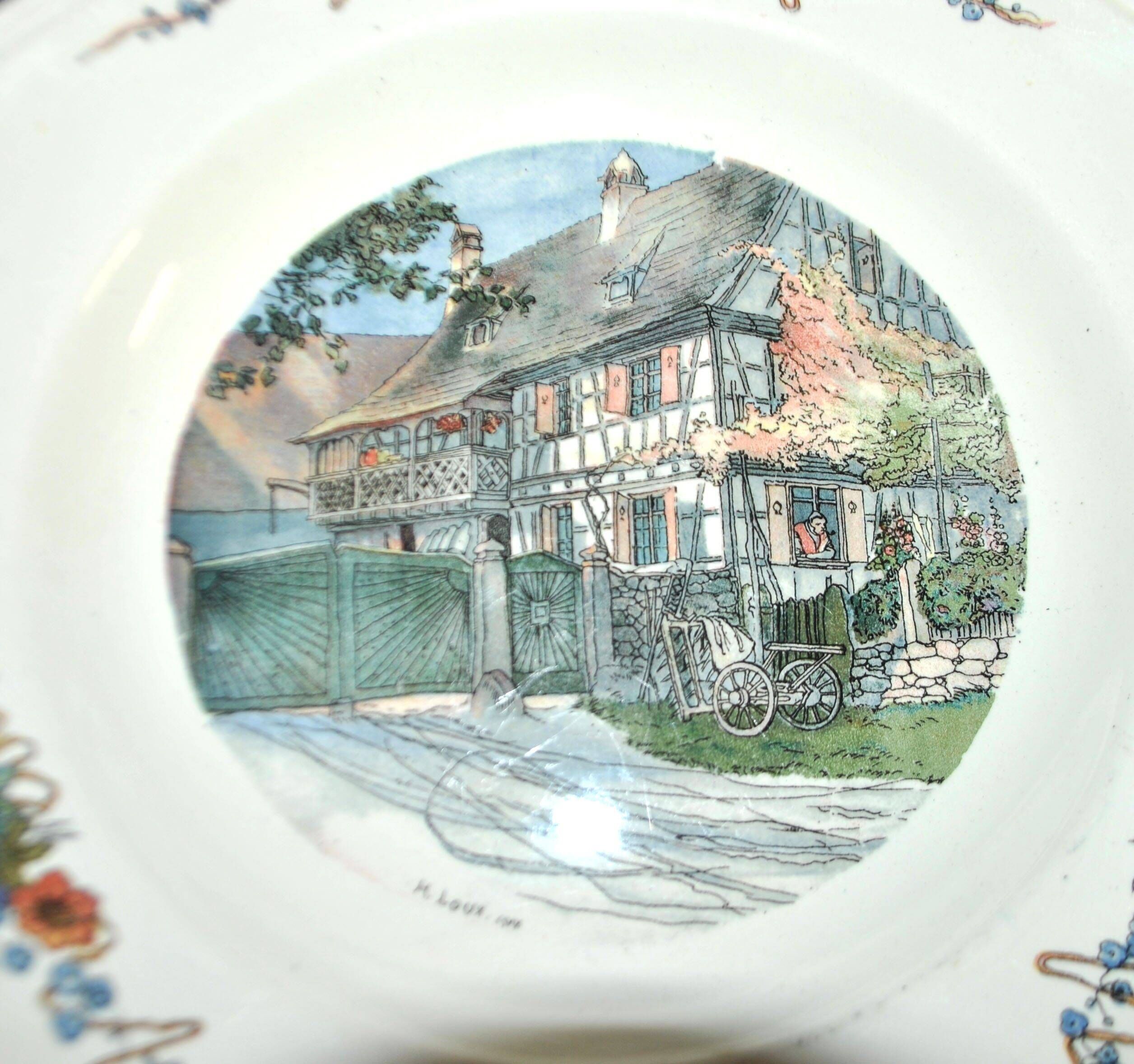 Sarreguemines set of 6 flat plates Obernai village Alsace by Loux