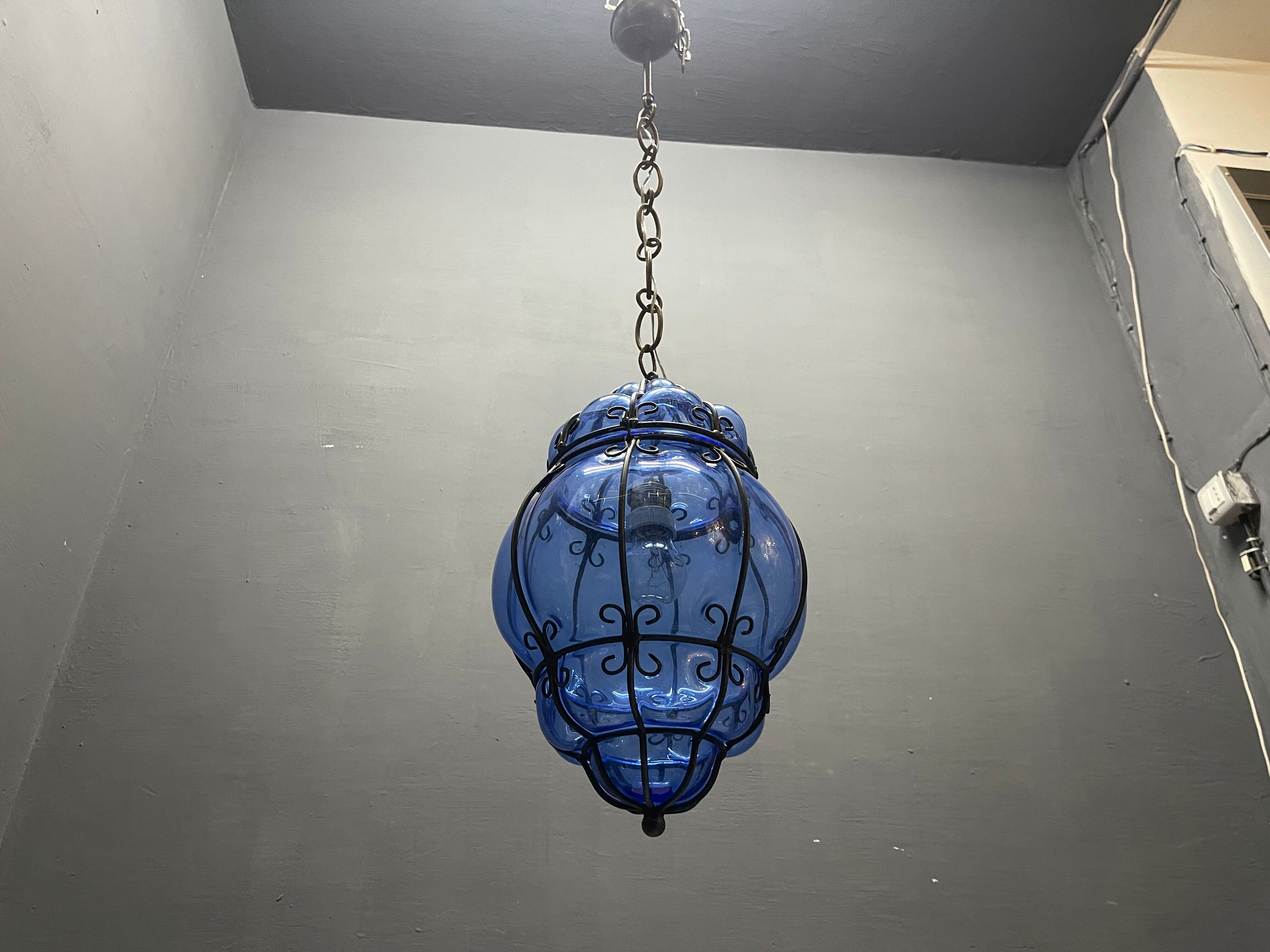 Wrought Iron Blue Murano Glass Light Pendant 1980’s