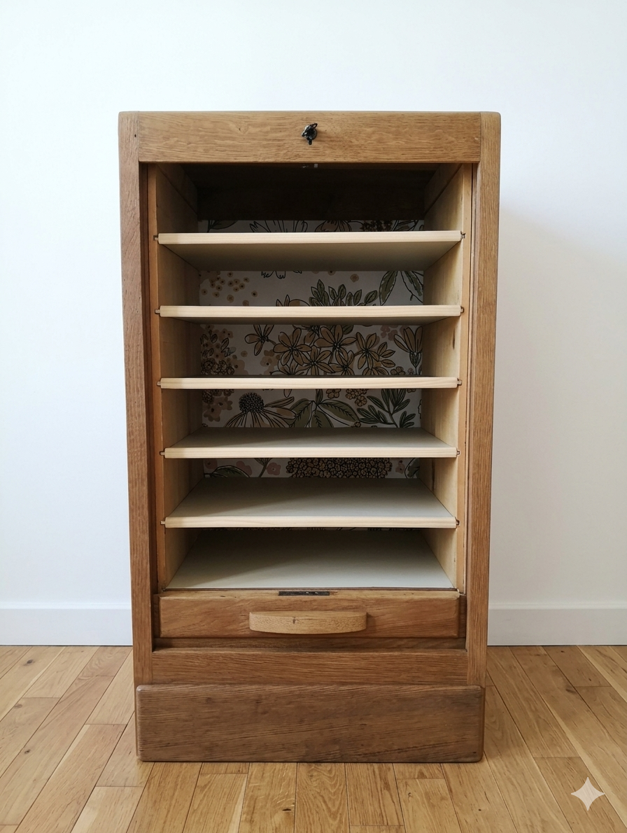 Solid oak filing cabinet with curtains