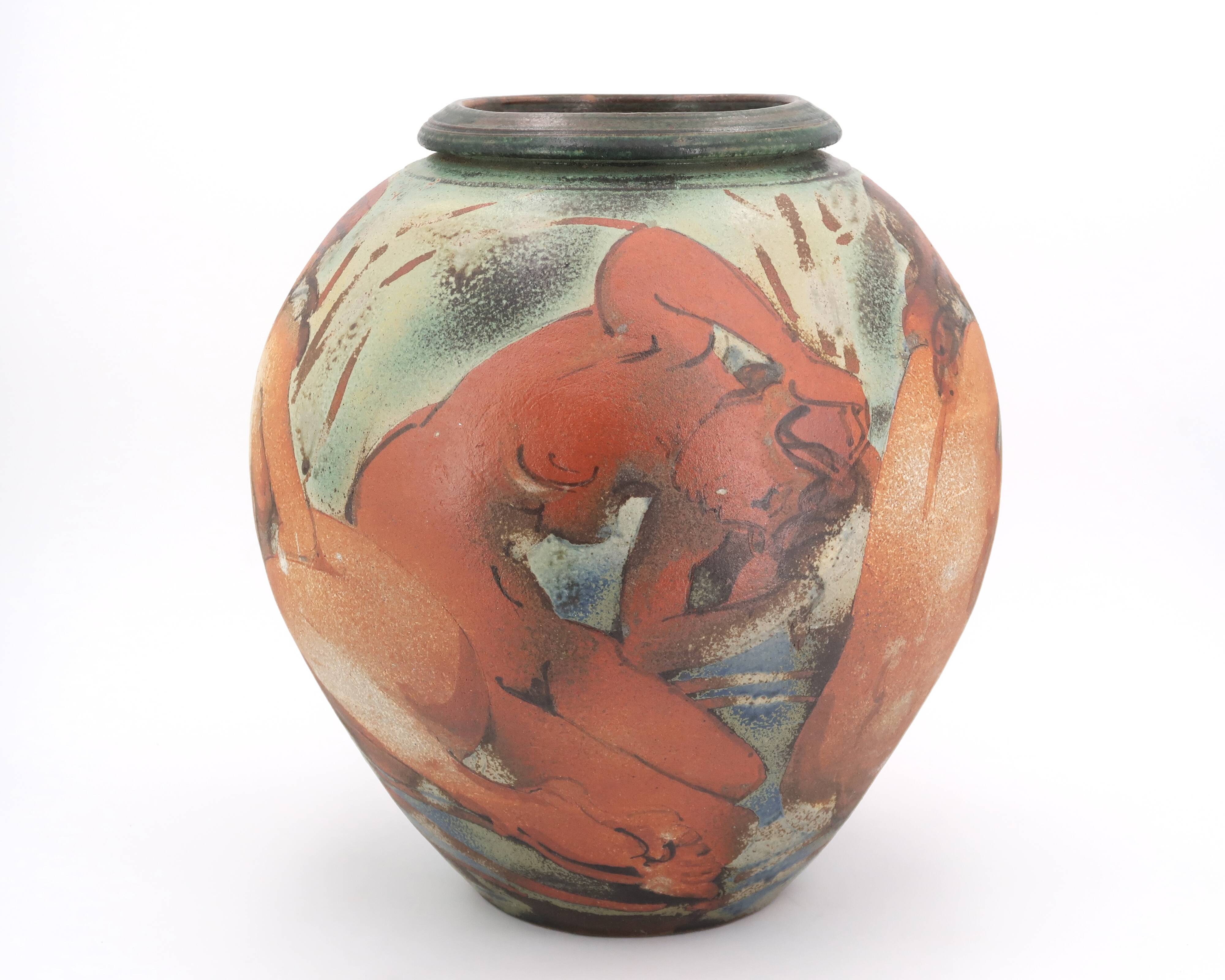 Decorated vase with woman, bathing scene.