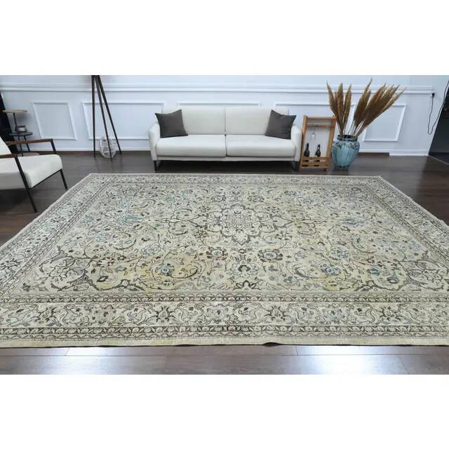 1960s Vintage Persian Handmade Wool Cotton Beige Area Rug 292x395