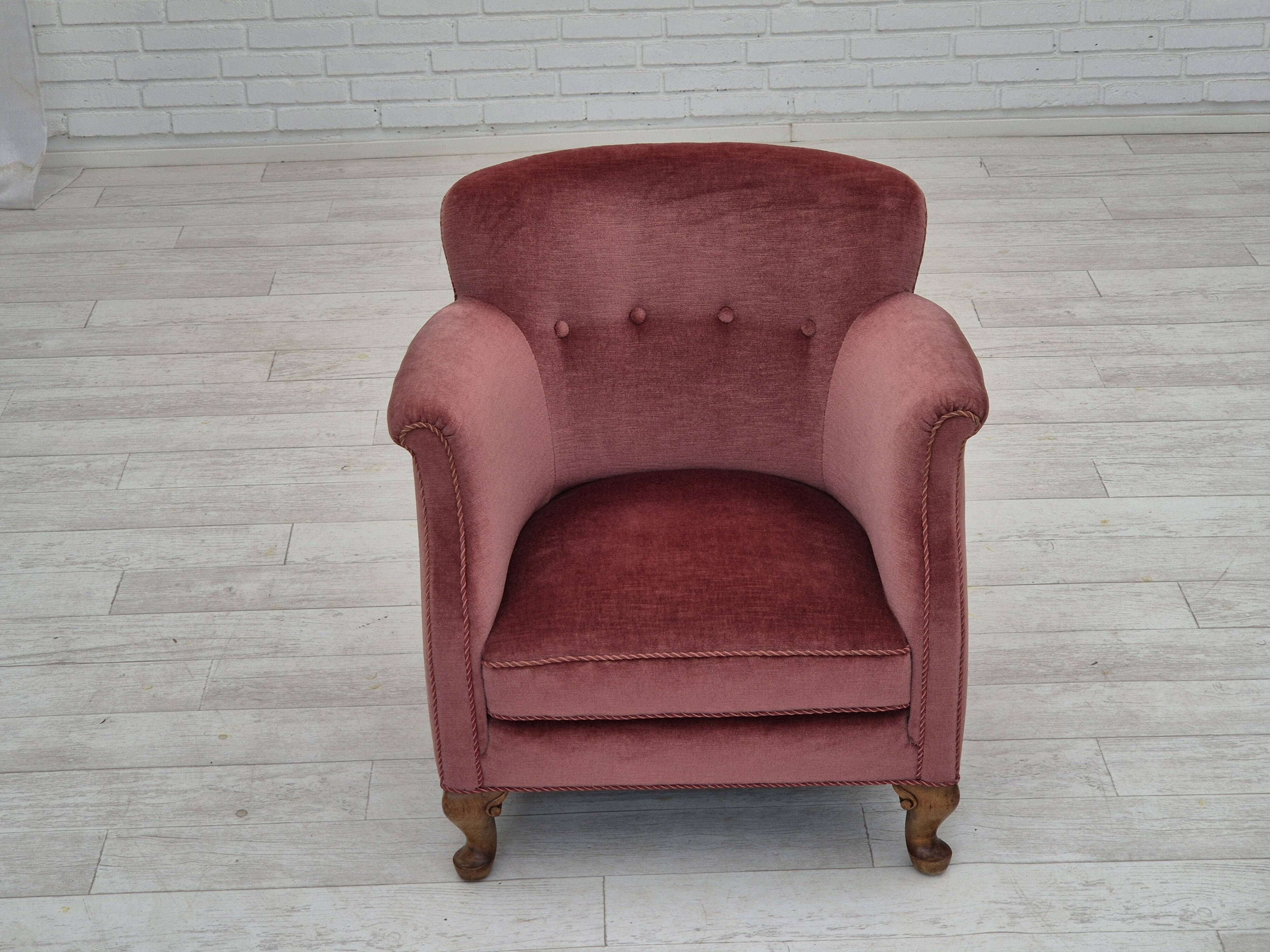 1960s, pair of Danish lounge chairs, original condition, light pink furniture velour.