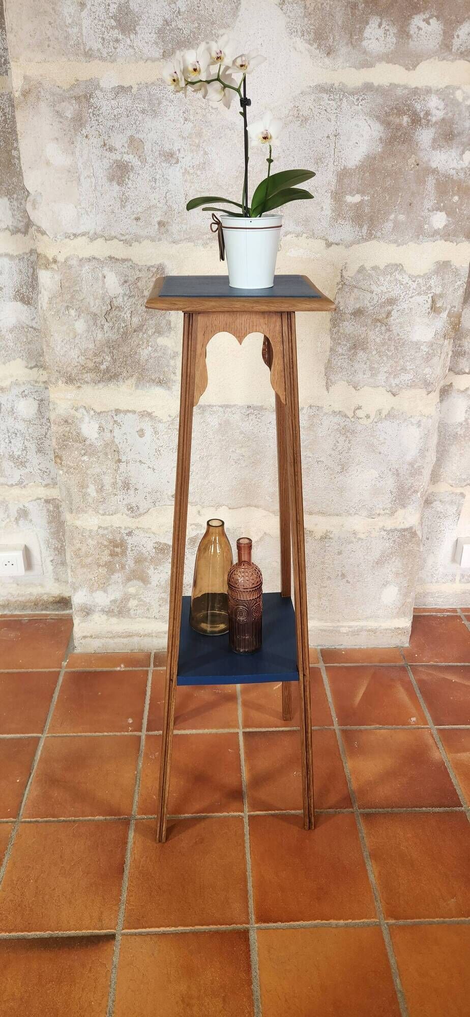 Deep Blue Wood Side Table with 2 Shelves Renovated