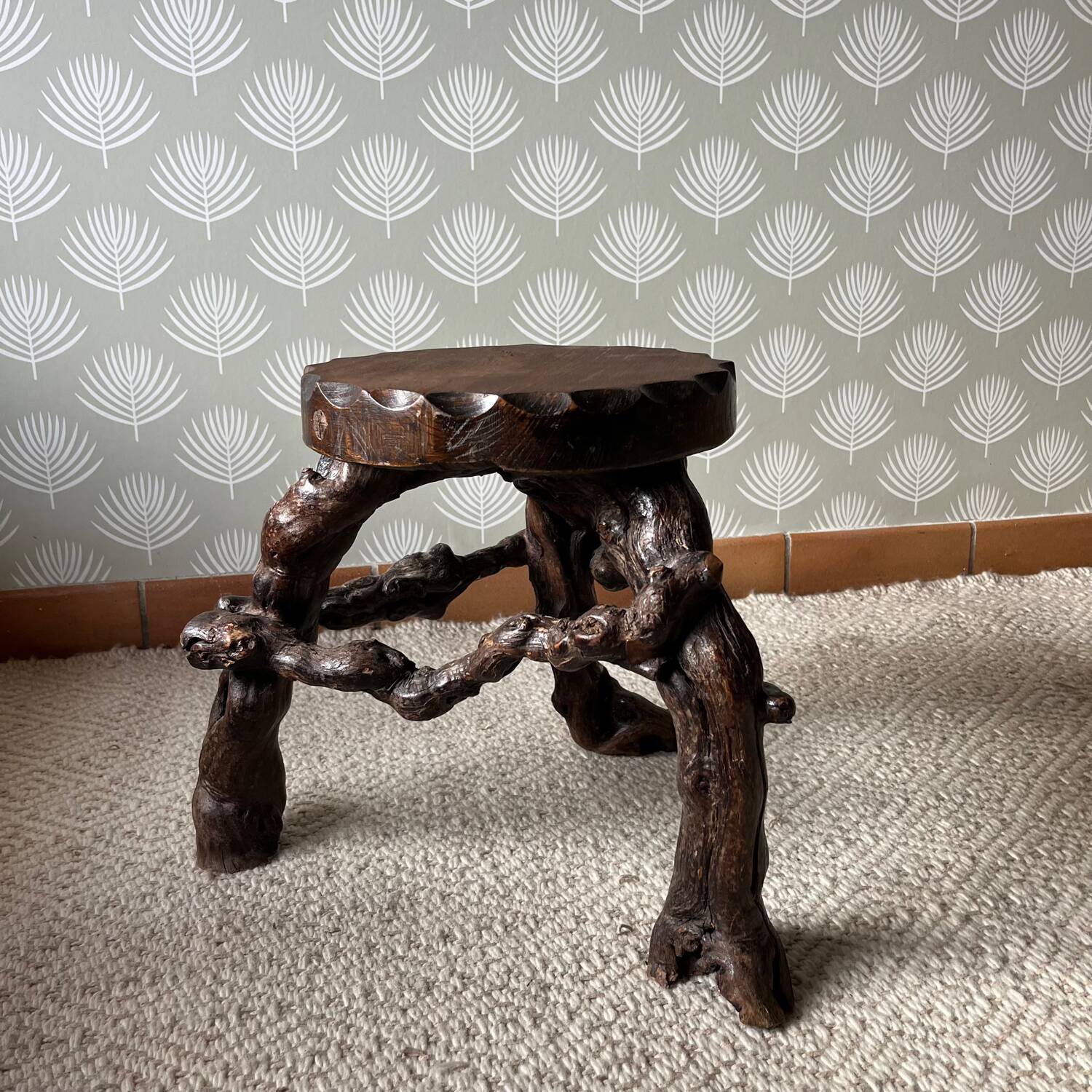 Brutalist tripod stool, vine legs, 1950s