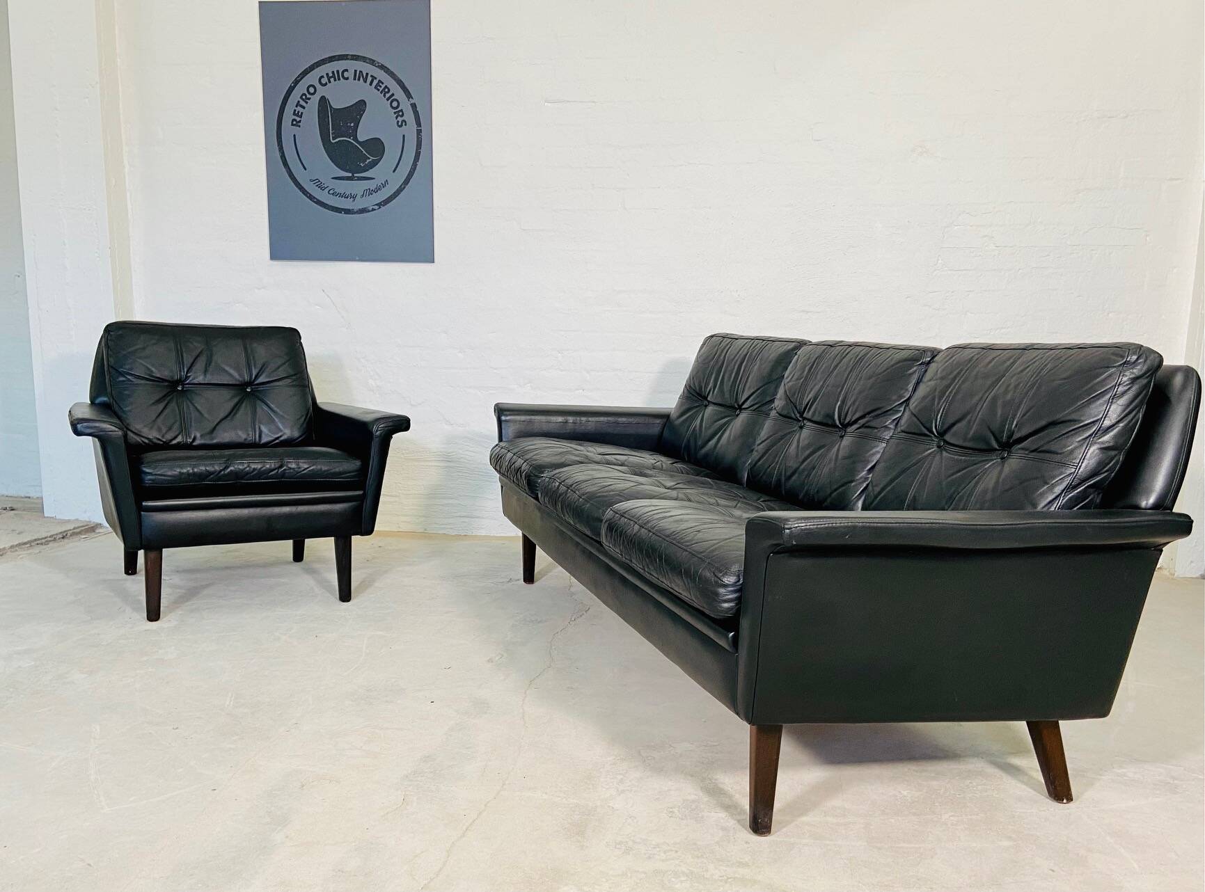 Vintage danish retro nili stoppmøbler 3 person sofa in black leather 1960s