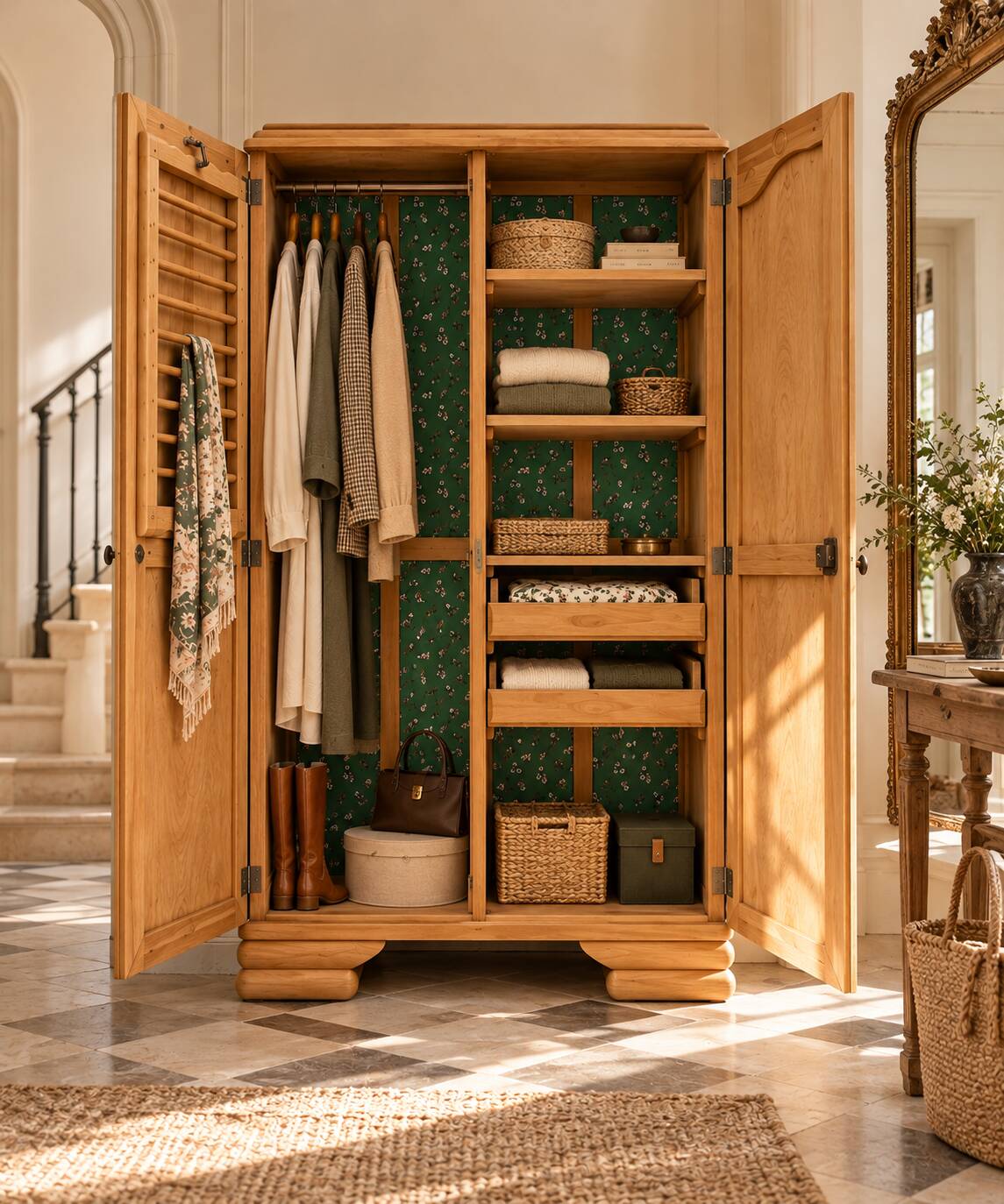 Parisian Art Deco wardrobe, renovated with raw wood.