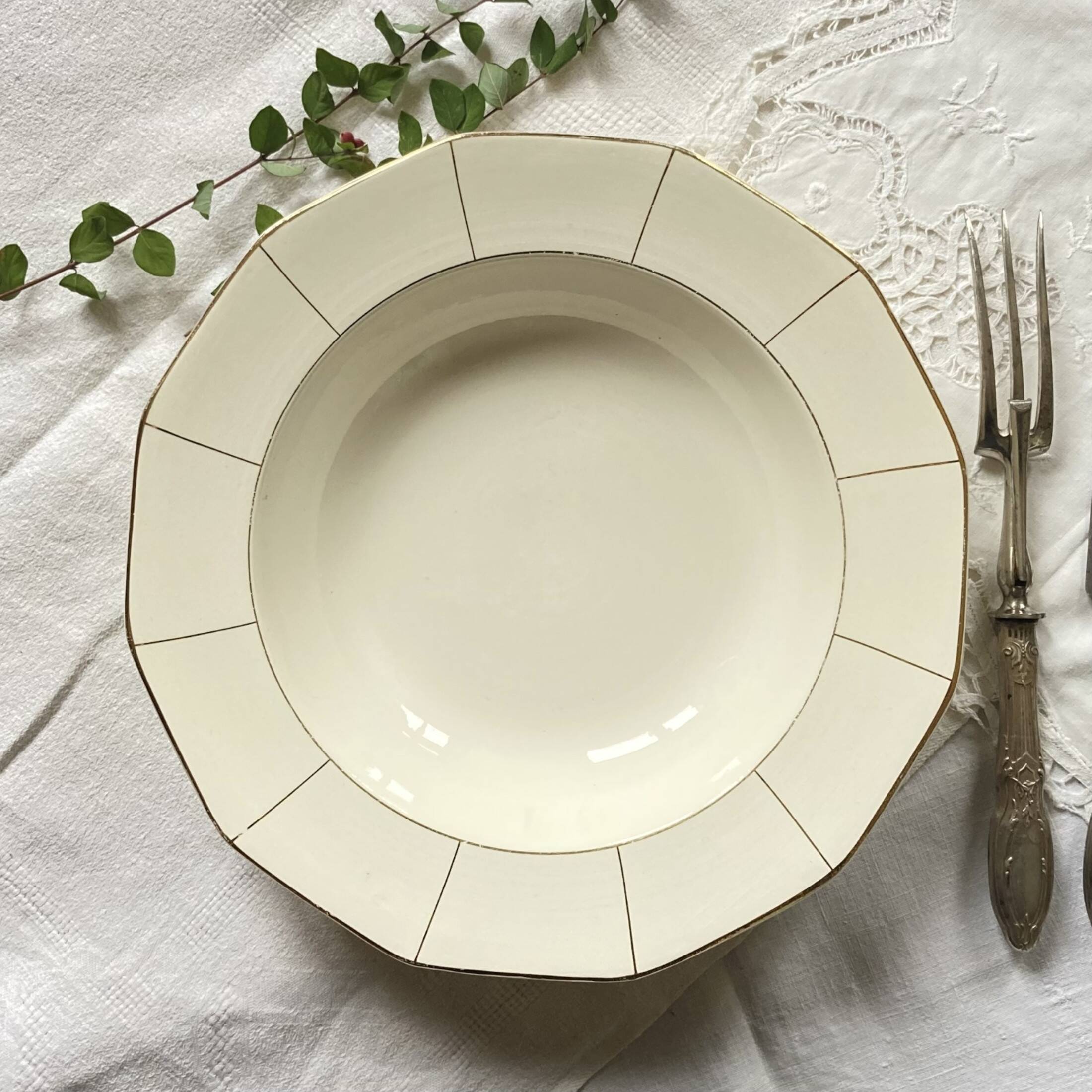 Hollow serving dish in old Badonviller earthenware, off-white and vintage gold, tableware