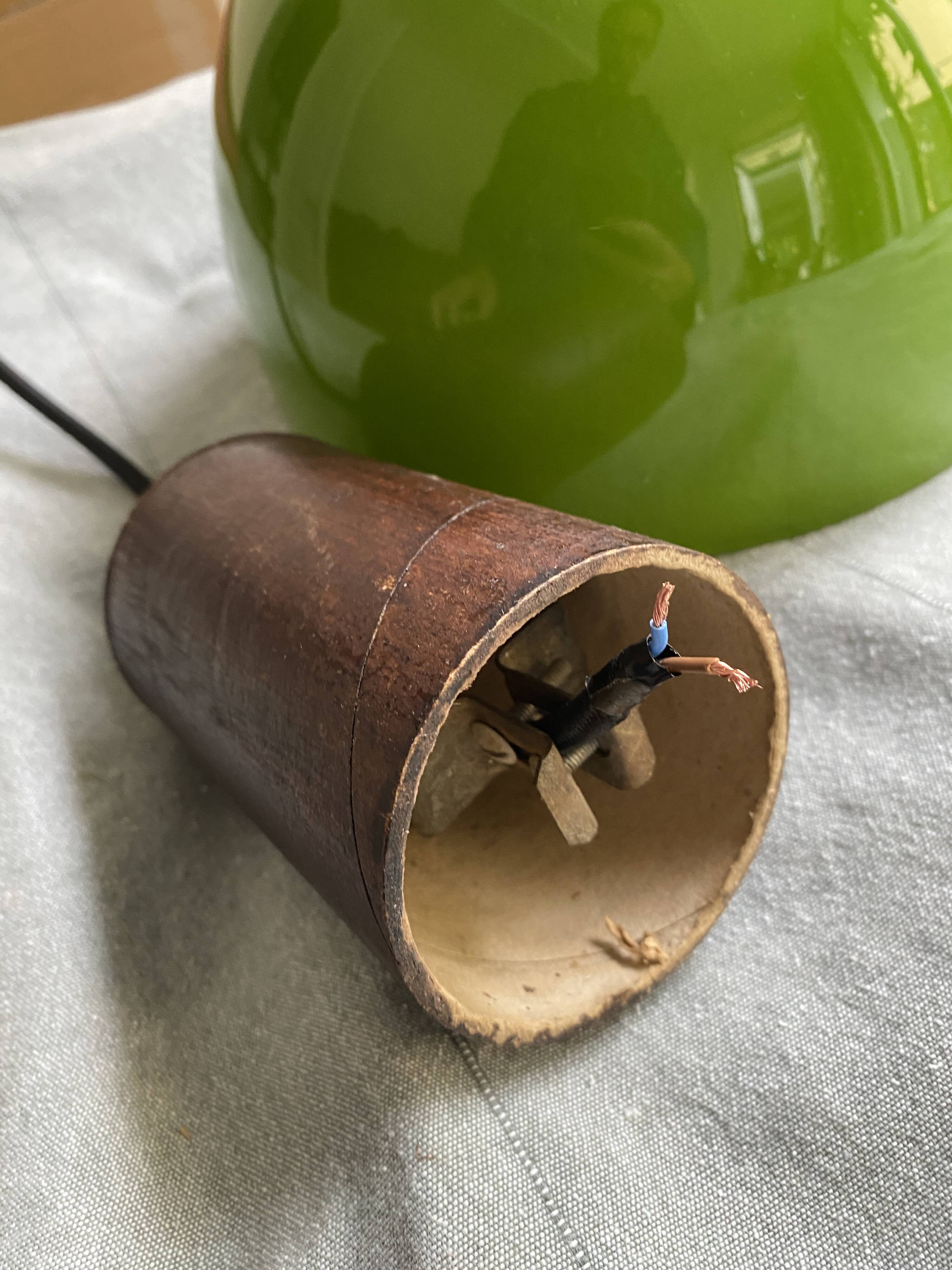 Vintage half globe pendant light in green opaline, imitation teak elements, 50s/60s