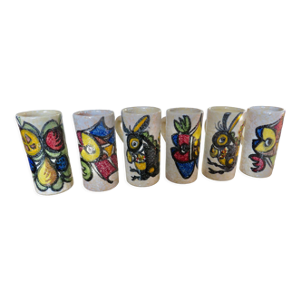 Series of 6 stylized ceramic mugs toledo 50s 60s