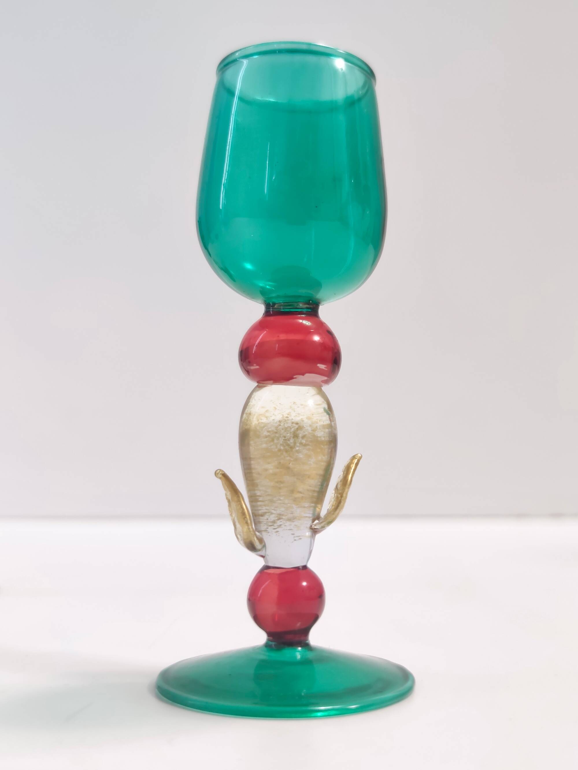 Postmodern Pair of Teal, Red and Gold Liqueur Glasses by Salviati, Murano, Italy