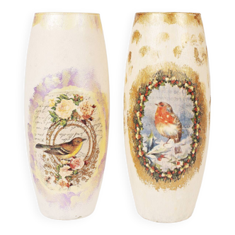 Antique glass vases, hand decorated with bird motifs