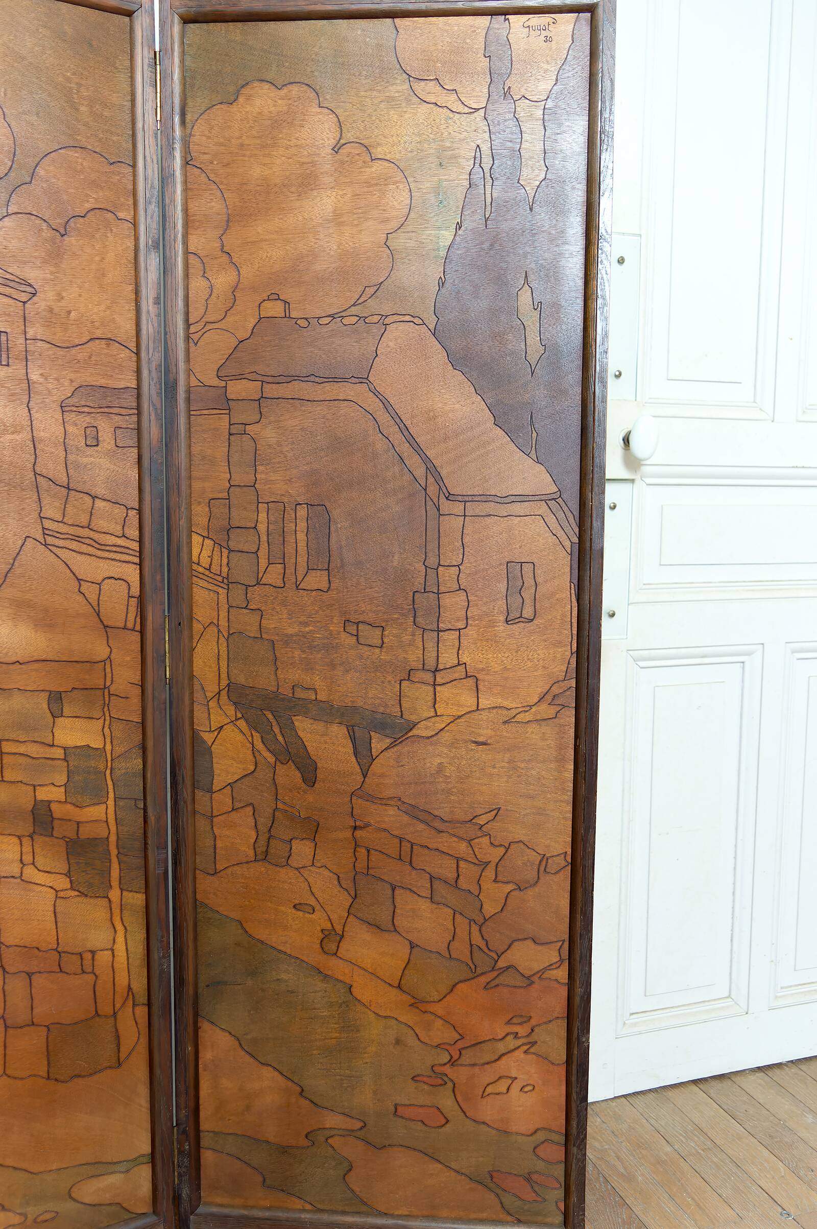 Pyrographed Screen, Mediterranean Medieval Town, Art Nouveau/Deco, 1930