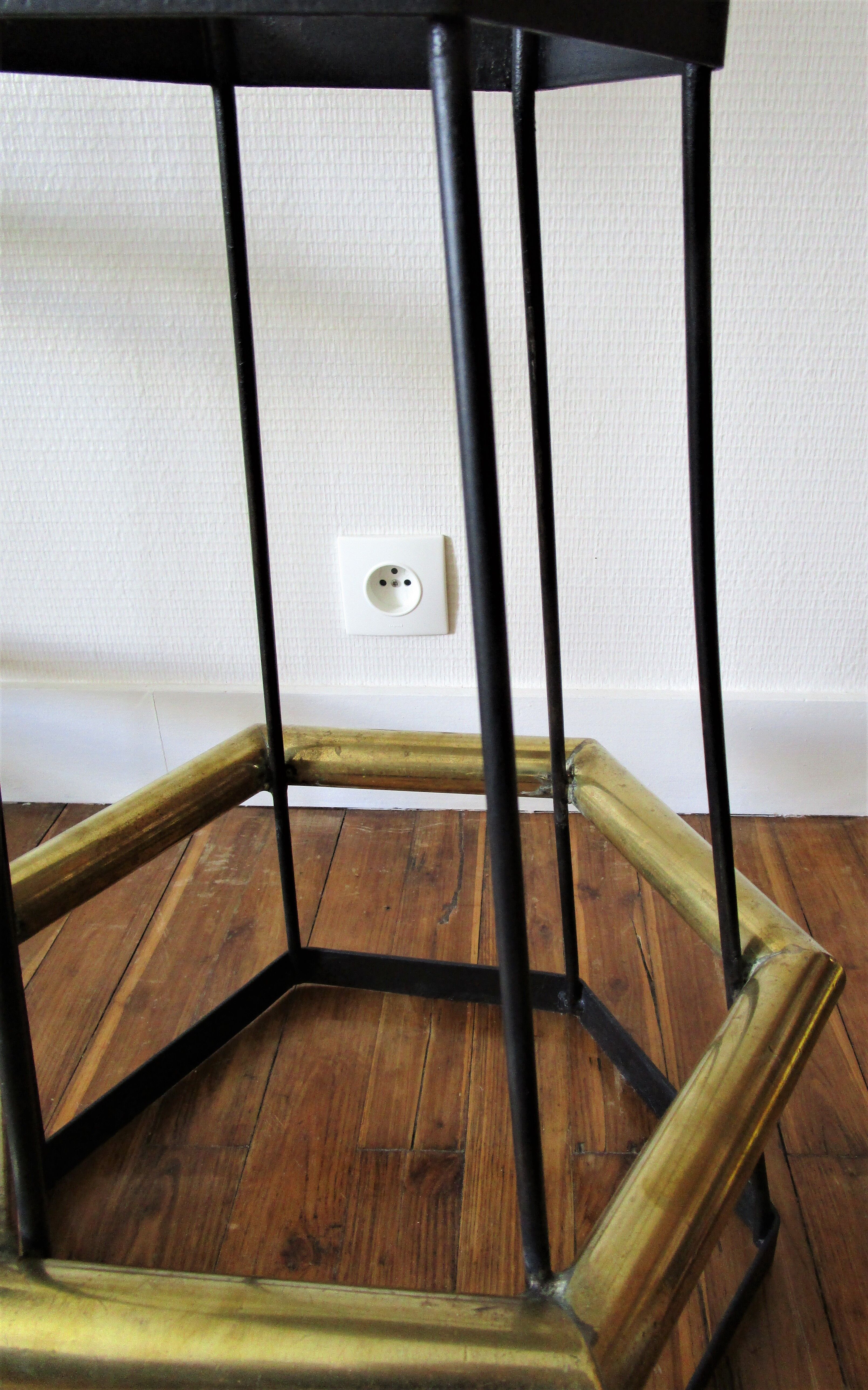 Five brass bar stools and vintage black metal 80s