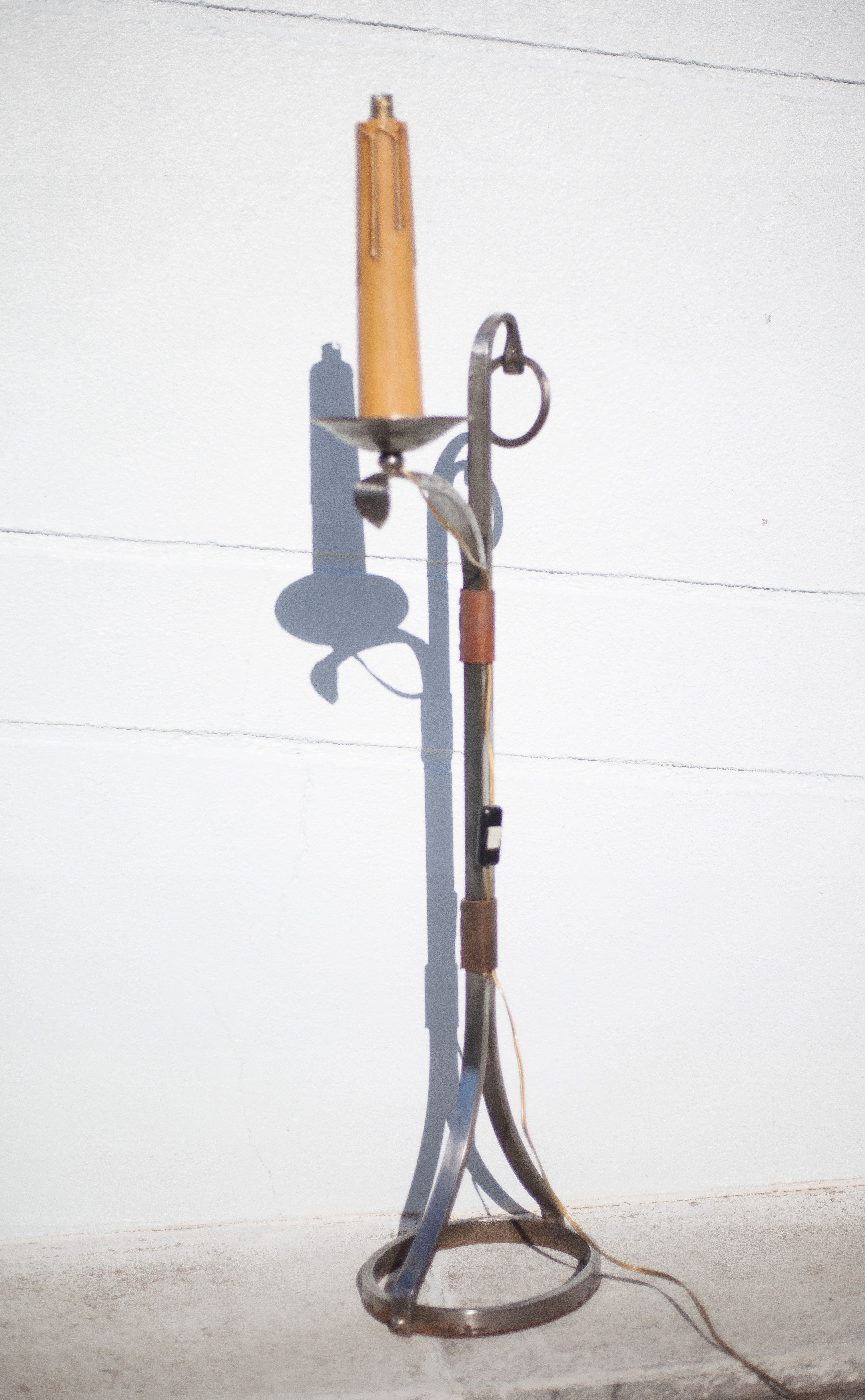 Wrought iron floor lamp Ryckaert JP, Wrought iron and leather floor lamp, living room lamp, 60's