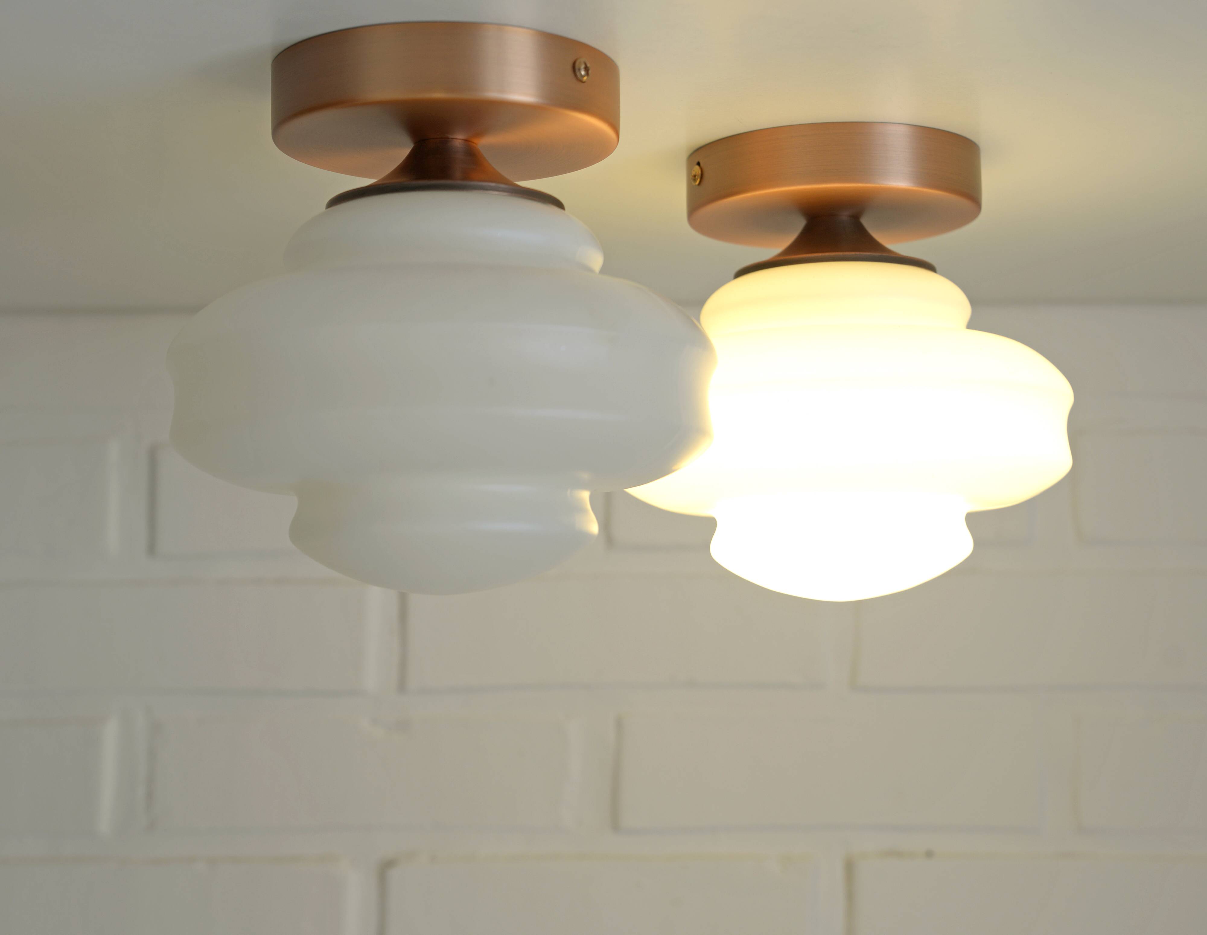 Set of 2 Vintage Milk Glass Sconces - Mid Century Modern Copper Flush Mount