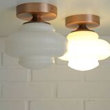 Set of 2 Vintage Milk Glass Sconces - Mid Century Modern Copper Flush Mount