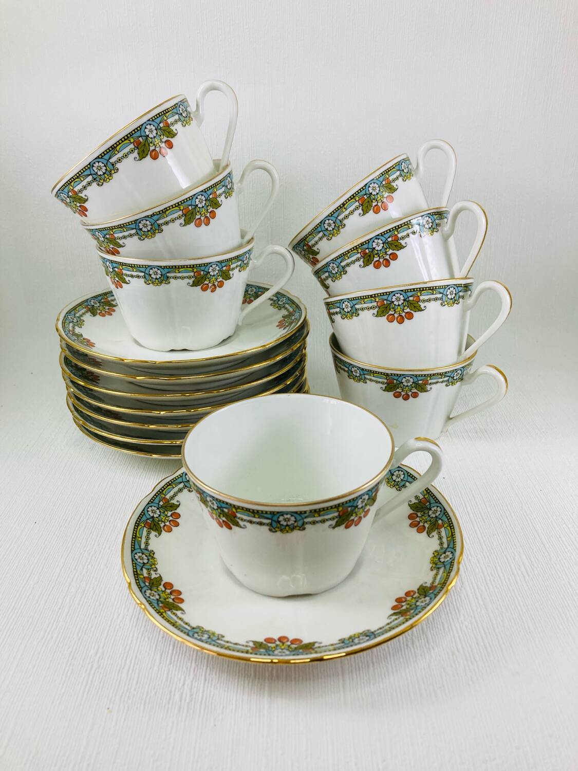 8 Balleroy & Cie Cherry Pattern Tea Cups and Saucers